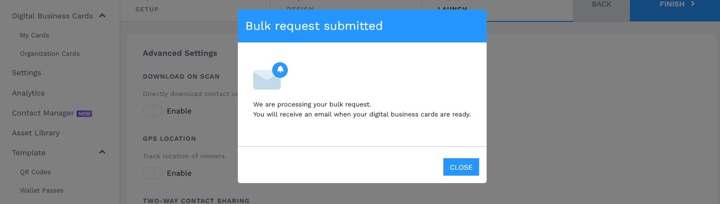 Your batch of QR Code business cards will now be generated