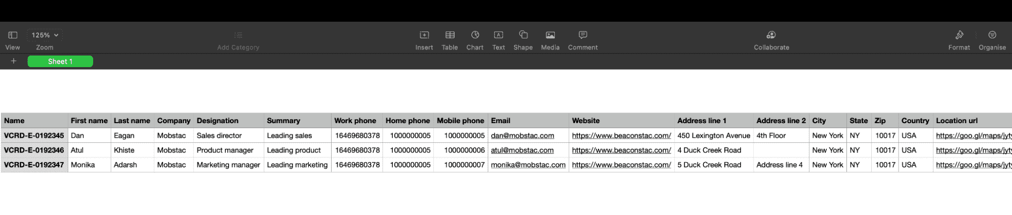 Fill this spreadsheet with your contact information