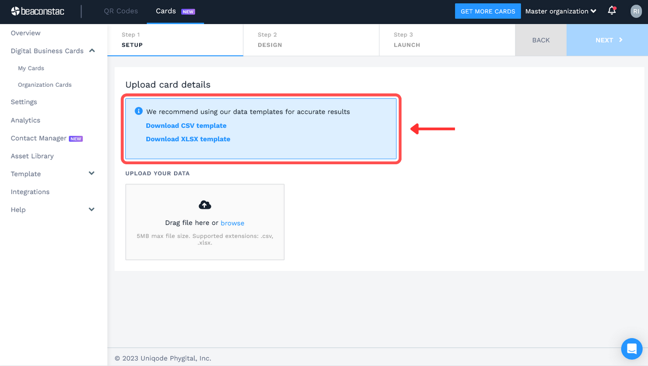 Upload your card data to generate a batch of digital business card QR Codes