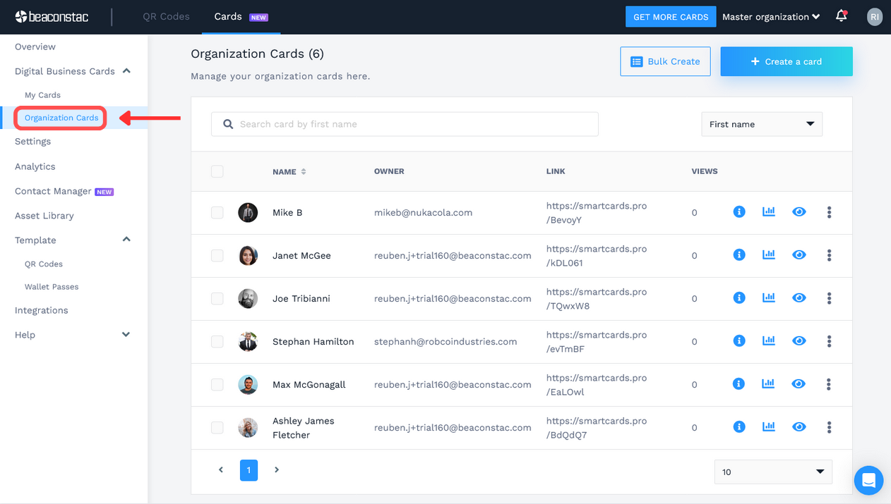 Click “Organization Cards” under “Digital Business Cards” from the left panel to view your newly-created card batch