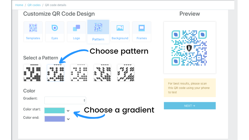 Select the pattern for the QR Code