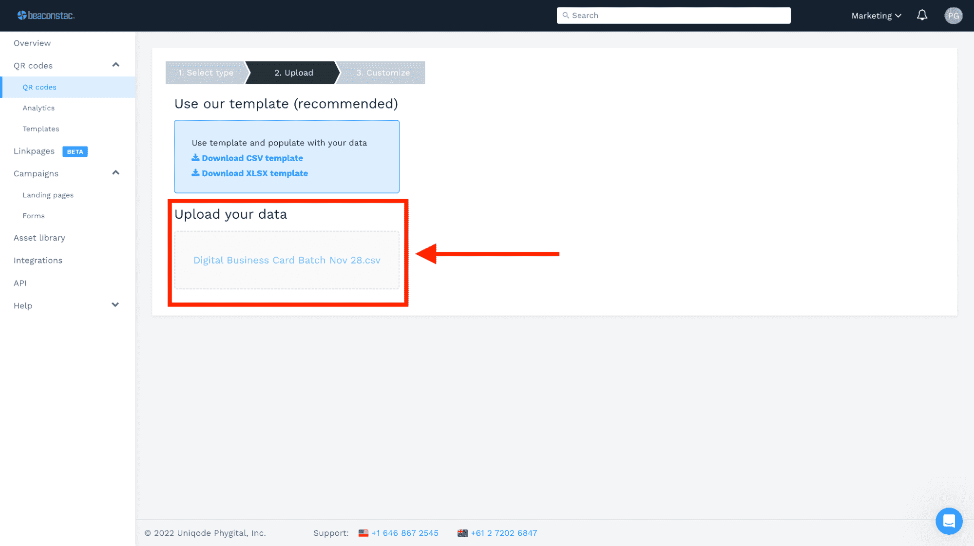 After populating the spreadsheet, save it and come back to the dashboard so you can upload the file