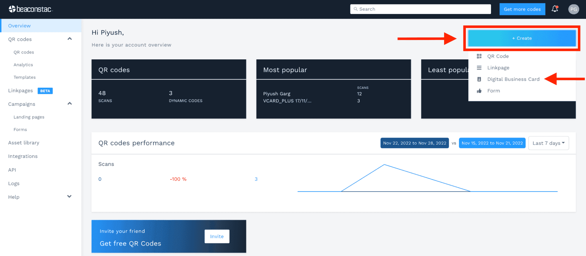 Log in to Uniqode's (formerly Beaconstac) dashboard and click on ‘+Create’ > ‘Digital Business Card’