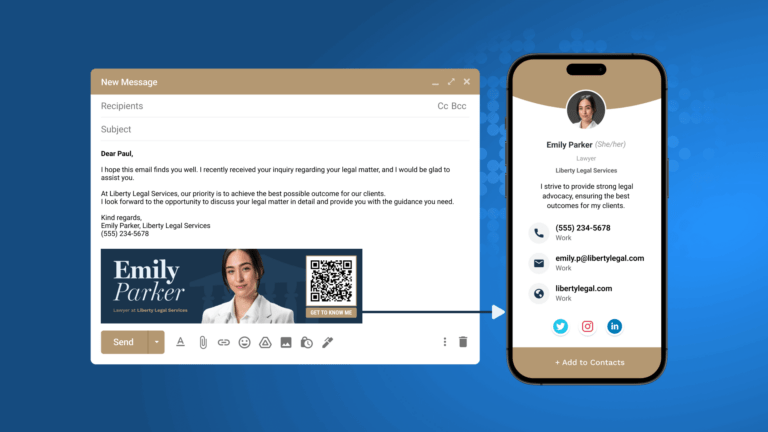 A lawyer email signature with a digital business card