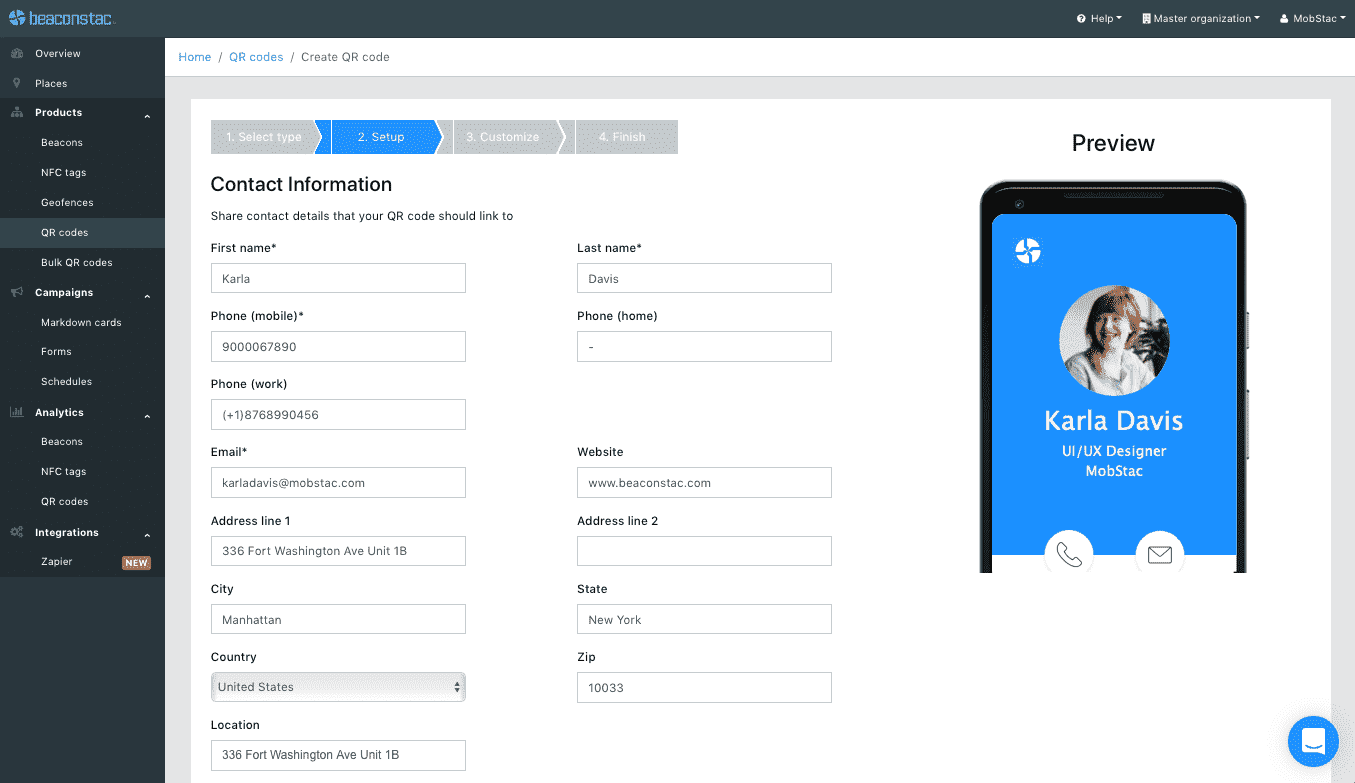 Fill details in vCard QR Code generator